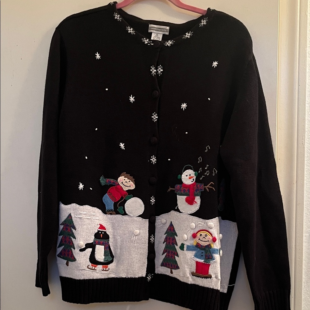 Vintage Festive Black Sweater with Snowman and Penguin Design